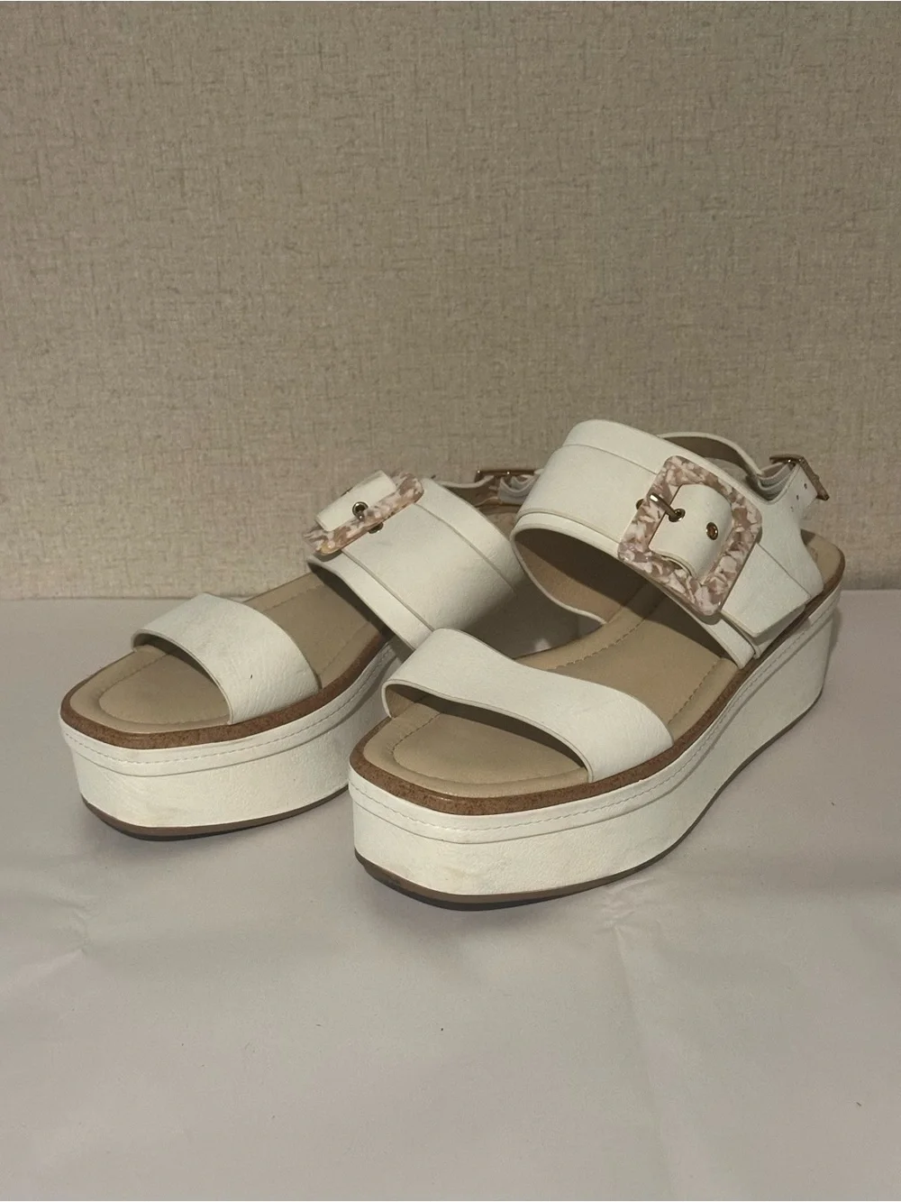 Cato Size 11 White Platform Strappy Sandals with Tortoiseshell Buckles